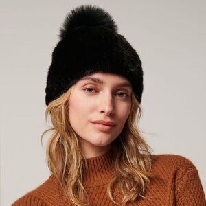 Overland Knitted Mink Fur Beanie Hat with Fox Fur Pom Black